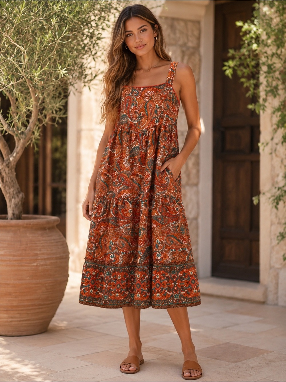Band Of The Free Orange/Teal Paisley Tiered Summer Maxi Dress, Size Medium
